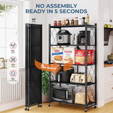 Heavy Duty 5-Tier Rolling Storage Shelves With Wheels, Portable And Collapsible Wire Steel Organizer For Garage, Kitchen, Pantry And Closet, Matte Black, Quick 5-Second Setup, Durable Display Unit For Instant Organization, with microwave and appliances