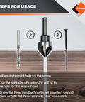 Five Flute Countersink Drill Bit Set Pro Grade With HSS 4241 Steel 82 Degree Counter Sink Bits installation steps on wood surface