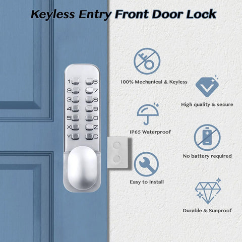 Mechanical Keyless Entry Front Door Lock With 14 Push Button Keypads Digital Outdoor Deadbolt Stainless Steel on blue door