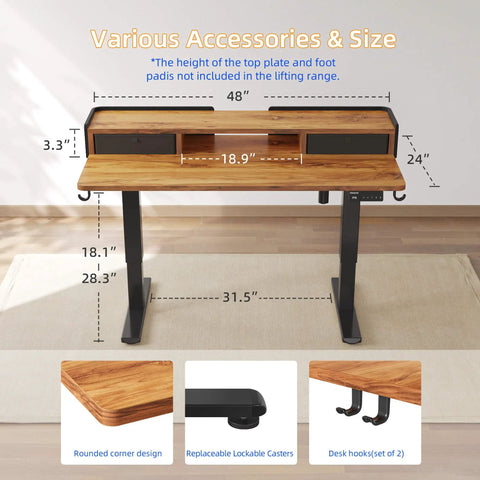 Rustic Brown Electric Standing Desk 48x24 Inches For Short People Adjustable Height 18.1 To 28.3 Inches With Storage Shelf And Fabric Drawers Perfect Low Rise Home Office Table Splice Board Design dimensions and features.