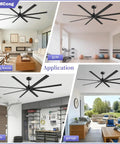 96 Inch Industrial Ceiling Fan With DC Motor, 6 Speeds Reversible, 8 Aluminum Blades, shown in various room settings.