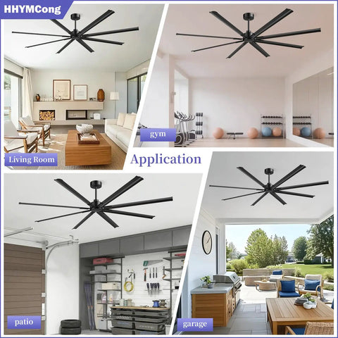 96 Inch Industrial Ceiling Fan With DC Motor, 6 Speeds Reversible, 8 Aluminum Blades, shown in various room settings.