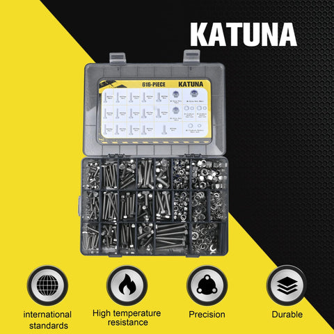 Katuna 304 stainless steel 616-piece metric bolt and nut assortment kit in a clear plastic case front view