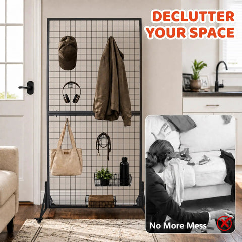 Two Pack Hella Durable Rolling Wire Grid Wall Panels Featuring Twenty Straight Up Sturdy Hooks For Retail Shops Craft Fairs Mobile Vendor Booths And Weekend Markets In Black with hooks and bags.