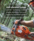 Person using 555 Gas Chainsaw With 24 Inch Bar 60cc 4.16 HP X Torq Engine And X Cut Chain in a forest, cutting a tree trunk.
