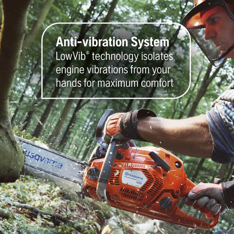 Person using 555 Gas Chainsaw With 24 Inch Bar 60cc 4.16 HP X Torq Engine And X Cut Chain in a forest, cutting a tree trunk.