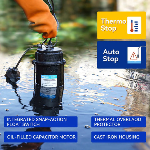 Submersible Sewage Pump With Auto Float Switch Three Quarter HP 6400 GPH 29 Ft Lift 2 Inch NPT Discharge Beefed Up Residential Sump Basin Pump Oil Filled Motor Black shown in water with auto float switch visible.