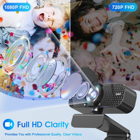 Straight Up Crisp 1080P Full Hd Webcam With Noise Canceling Mic and Auto Light Correction featuring lens and image samples.