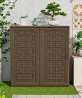 Weatherproof Indoor Outdoor Storage Cabinet With Doors And Shelf Easy Setup 34 By 16 By 36 Inches HDPE Plastic Storage Cabinet For Patio Balcony Tools Multi Purpose Organizer Brown on patio with decorative plants