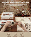 Hands assembling electric vintage steam engine 3D puzzle kit for adults 469 piece mechanical wooden model car DIY hobby.