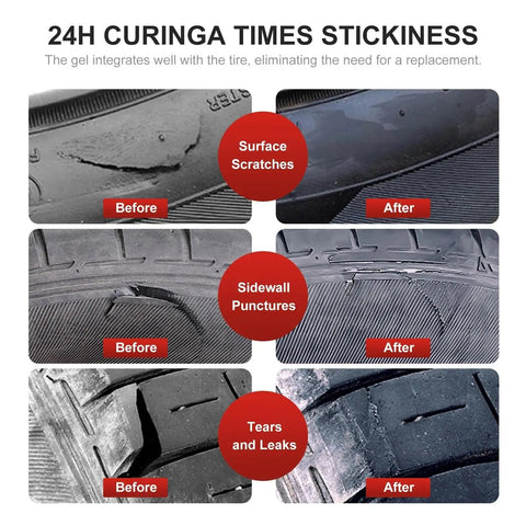 Before and after images showing repairs from Hardcore Pro Tire Repair Glue For Fast Emergency Flat Repairs And Worn Sidewall Cracks Durable All Weather Road Ready Auto Rubber Sealant Gotta Have Solution.