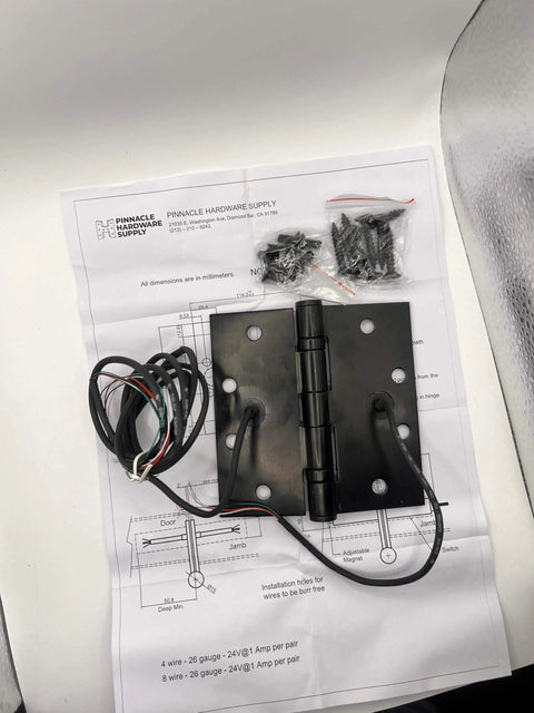Electrified Steel Hinge Four Wire Electric Hinge Four And A Half Inches By Four And A Half Inches US26D Finish with wiring and screws
