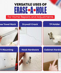 Various uses of Fast Drywall Repair Putty For Quick Wall Hole Fill In Drywall Plaster Or Wood including towel rack, crack, and mounting repairs.