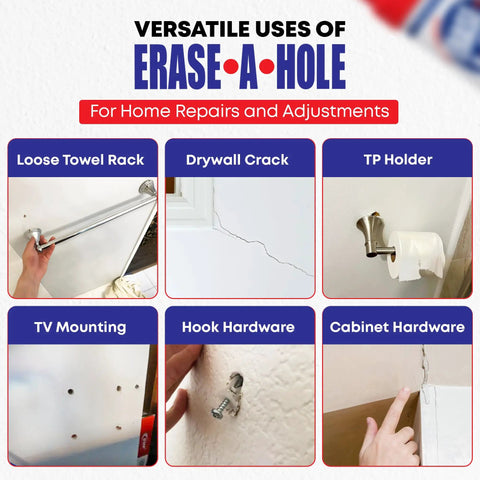 Various uses of Fast Drywall Repair Putty For Quick Wall Hole Fill In Drywall Plaster Or Wood including towel rack, crack, and mounting repairs.