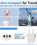 10 Pack European To US Plug Adapters Type A Outlet Converter For Europe To America Canada And Mexico Travelers shown with specifications and Statue of Liberty