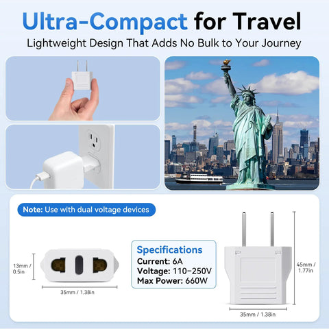 10 Pack European To US Plug Adapters Type A Outlet Converter For Europe To America Canada And Mexico Travelers shown with specifications and Statue of Liberty