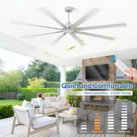 84 Inch Large Ceiling Fan No Lights Industrial Quiet DC Motor With 8 Aluminum Blades installed on a patio ceiling