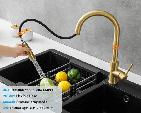 Brushed Gold High Arc Kitchen Faucet With Pull Down Sprayer No Deck Plate 15 Inch Tall Lead Free SUS304 Stainless Steel cUPC Cartridge NSF Certified Includes Spare Sprayer And Soap Dispenser Anti Rust Finish