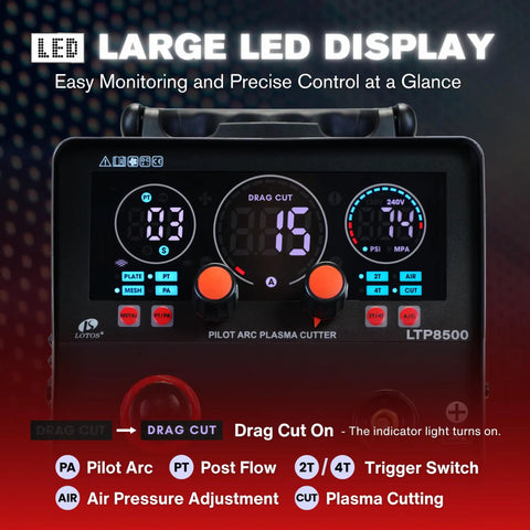 Front view of Apex LTP8500 85A HF Pilot Arc Plasma Cutter with LED controls and drag-cut options, showing detailed display.