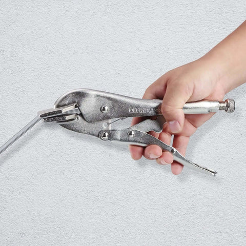Hand using 10 Inch Locking Sheet Metal C Clamp for Fabrication and Welding, gripping metal with precision jaws.