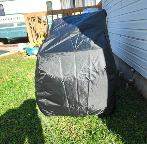 Adult Tricycle Cover For 24 To 26 Inch Three Wheel Electric Trikes And Bikes, Outdoor Waterproof Windproof Dustproof Rain Shield, Fits Mountain Road Cruiser And EBikes, 78 L 29 W 43 H, Heavy Duty All Weather Protection black cover over a parked 3-wheel bike outdoors