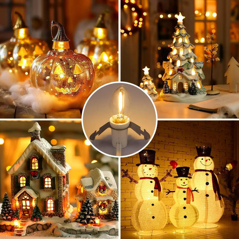 Versatile 6 Foot LED Accessory Cord With On Off Switch For Night Lights And Holiday Decor C7 Bulb 2 Pack with Halloween pumpkins and Christmas scenes.