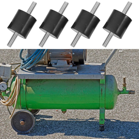 Pro Grade Rubber Vibration Isolation Mounts 4 Pack With M6x18 Galvanized Steel Studs For Fitness Equipment And Air Conditioning, Quieter Operation And Serious Vibration Reduction. Black rubber mounts and green air compressor application.