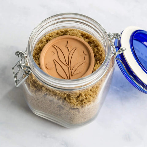 Terracotta Brown Sugar Saver Disc With Elegant Leaf Design And No Fuss Use in a glass jar of brown sugar, 2 Pack