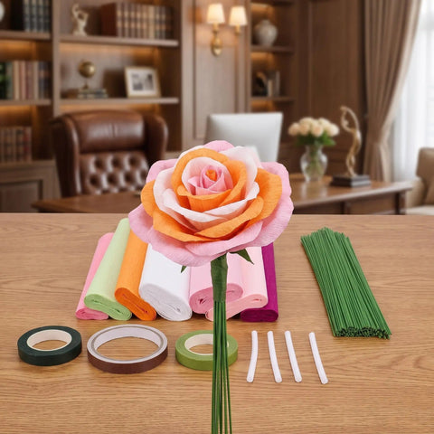 No Fuss Crepe Paper Flower DIY Kit With Stem Wire Tape And Glue Sticks For Easy Peasy Paper Flower Creations Classroom Crafts And Beautiful Floral Bouquets For Beginners, crepe paper rose kit