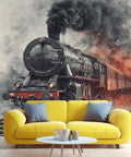 Epic Retro Steam Locomotive Wall Mural With 3D Train Wallpaper for Living Room, 177.16x120 Premium Silk Cloth Finish, dramatic decor