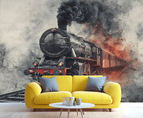 Epic Retro Steam Locomotive Wall Mural With 3D Train Wallpaper for Living Room, 177.16x120 Premium Silk Cloth Finish, dramatic decor