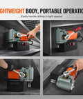 Compact Horizontal Magnetic Drill Press For Tight Spaces with a lightweight body and portable operation seen in various angles.