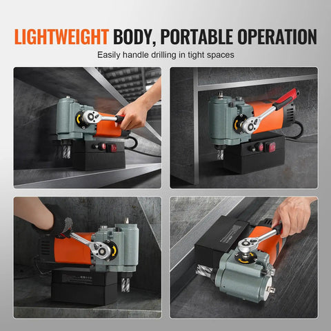 Compact Horizontal Magnetic Drill Press For Tight Spaces with a lightweight body and portable operation seen in various angles.