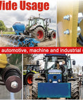 All In One 70 Pcs Grease Fittings Kit With SAE And Metric Zerk Nipples shown in use on tractors and machinery.
