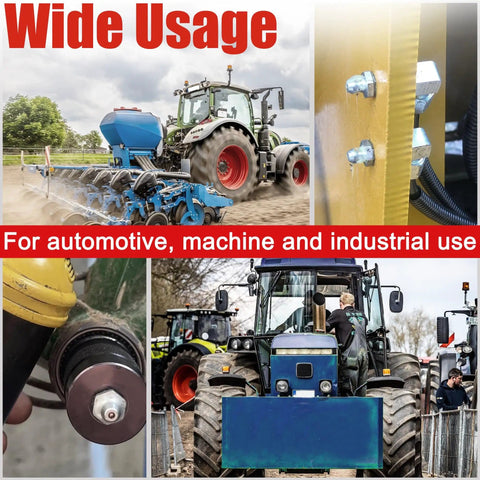 All In One 70 Pcs Grease Fittings Kit With SAE And Metric Zerk Nipples shown in use on tractors and machinery.