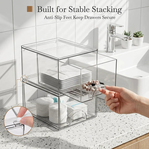 Eight Pack Clear Stackable Storage Drawers Hella Durable Water Resistant Desktop Organizer For Cosmetics And Craft Gear Helping You Keep Your Space Totally Snazzy, acrylic drawers holding beauty supplies.