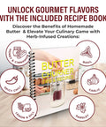 Butter Churner Mason Jar With Ceramic Crocks And Super Easy Old Fashioned Creamery Kit recipe book showcasing gourmet butter tips and flavors.