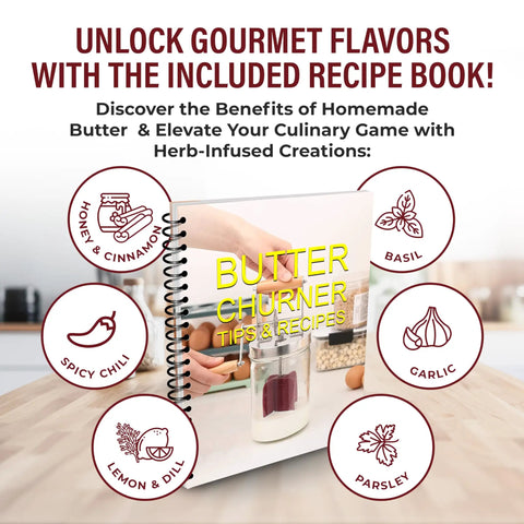 Butter Churner Mason Jar With Ceramic Crocks And Super Easy Old Fashioned Creamery Kit recipe book showcasing gourmet butter tips and flavors.