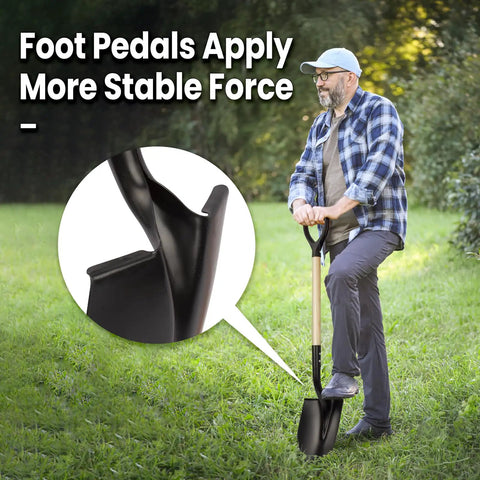 Man using All Purpose Round Shovel With D Handle 41 Inch Garden Tool for digging in grass, showing foot pedal feature.