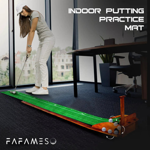 Person practicing golf on Indoor Golf Putting Mat With Ball Return Realistic Putt Surface Portable Putting Green Training Aid
