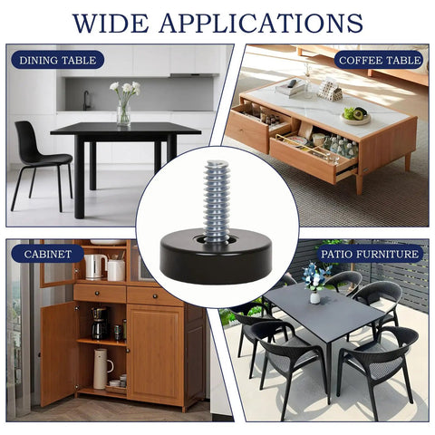 Image showing wide applications of 12 Piece M6 Thread Furniture Feet Levelers with T Nuts and Non Slip Felt Pads for tables and cabinets.