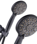 Close-up of High Pressure Six Setting 4 Inch Handheld Shower Head with Hose in oil rubbed bronze, dual view of face and nozzles.