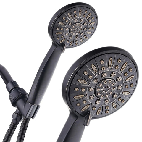 Close-up of High Pressure Six Setting 4 Inch Handheld Shower Head with Hose in oil rubbed bronze, dual view of face and nozzles.