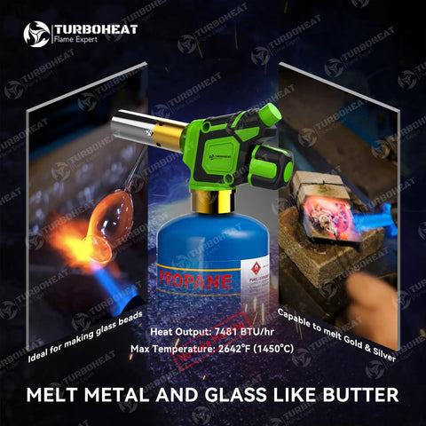 Beefy Pro Grade Flame Torch Head With Igniter shown soldering and glass blowing with propane tank
