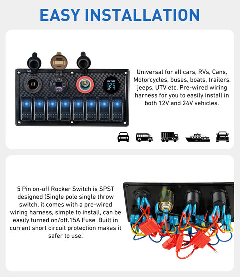 Eight Gang Marine Switch Panel Waterproof Pre-Wired Rocker Panel With Blue LED Lights, easy installation visual guide.