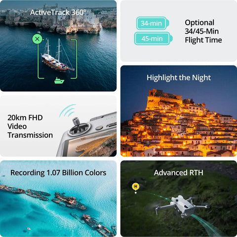 Mini 4 Pro Folding Drone With RC 2 Remote And Screen Fly More Combo 4K HDR Video Camera Highlights and Features Collage