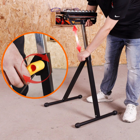 Three In One Roller Stand For Woodworking with adjustable height feature demonstrated by hand, ideal for table and miter saw.