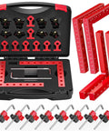 4 Pack 5.5 Inch Aluminum Corner Clamps For Woodworking Boss Level 90 Degree Right Angle L Shaped Squares With Precision Screws Dual Scale Positioning For Frames Cabinets Drawers And Boxes. kit with red aluminum squares, clamps, screws, and case