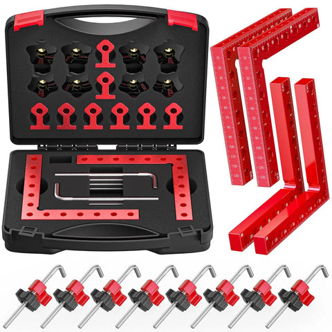 4 Pack 5.5 Inch Aluminum Corner Clamps For Woodworking Boss Level 90 Degree Right Angle L Shaped Squares With Precision Screws Dual Scale Positioning For Frames Cabinets Drawers And Boxes. kit with red aluminum squares, clamps, screws, and case