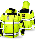 Enforcer Bomber High Vis Safety Jacket showing detachable ID pocket, reflective stripes, foldable hood, and heavy-duty zipper for men.